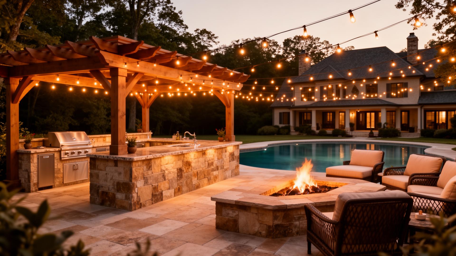 Complete backyard outdoor living space with pool, kitchen, and pergola