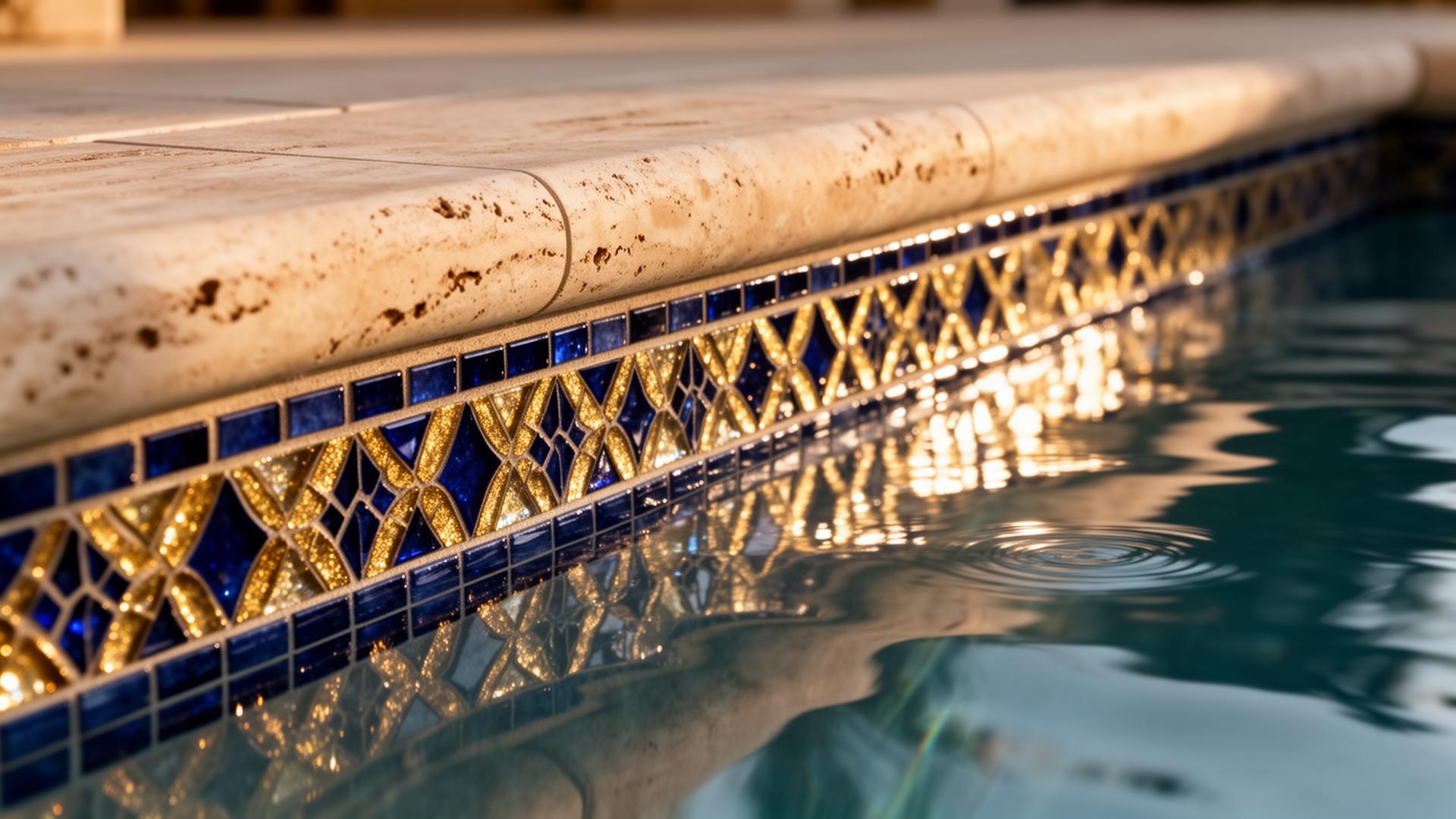 Close-up of custom pool tile work and coping craftsmanship detail